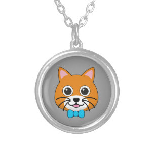 Cute Happy Ginger Cat with Papillon Silver Plated Necklace