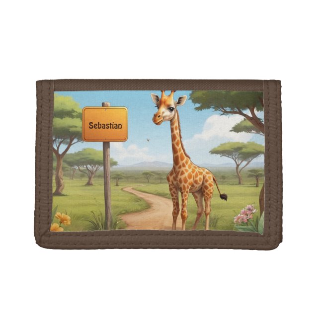 Cute happy Giraffe in savanna with name Trifold Wallet (Front)