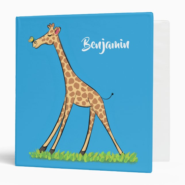 Cute happy giraffe with butterfly cartoon 3 ring binder (Front/Inside)