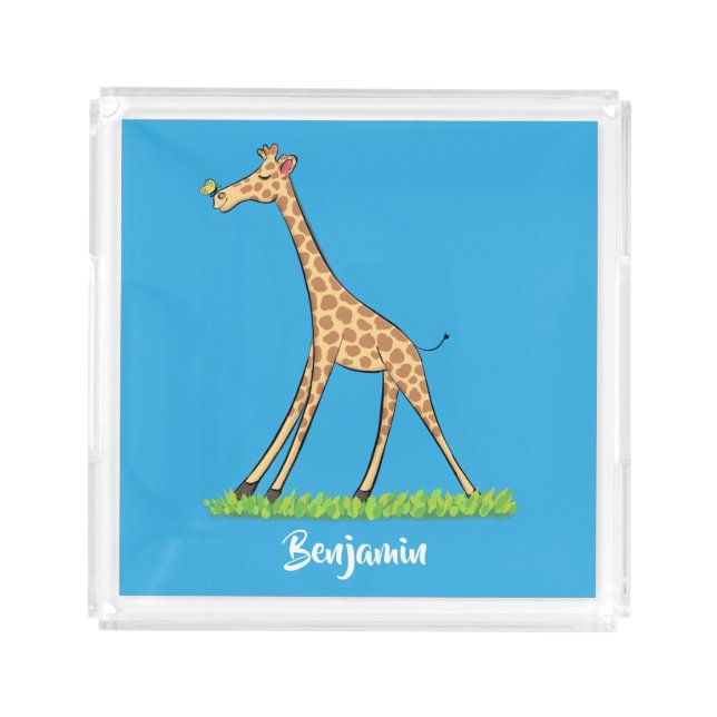 Cute happy giraffe with butterfly cartoon acrylic tray (Front)