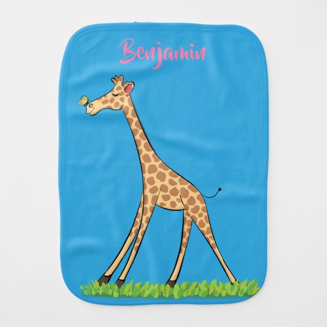 Cute happy giraffe with butterfly cartoon baby burp cloth (Front)