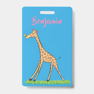 Cute happy giraffe with butterfly cartoon badge