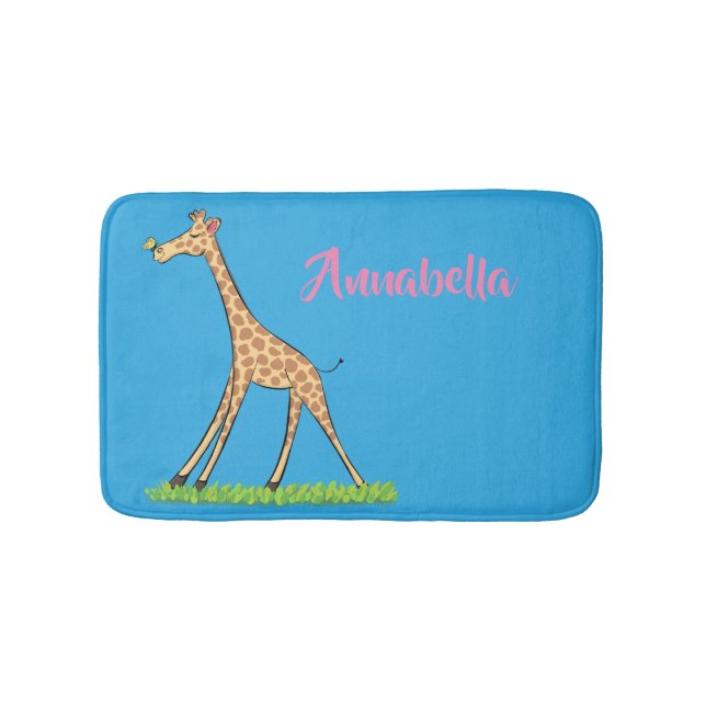 Cute happy giraffe with butterfly cartoon bath mat (Front)