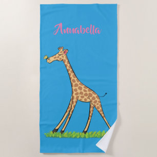Cute happy giraffe with butterfly cartoon beach towel