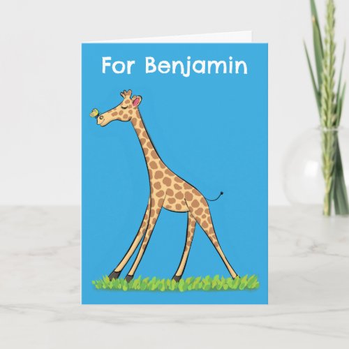 Cute happy giraffe with butterfly cartoon birthday card
