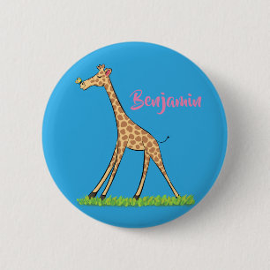Cute happy giraffe with butterfly cartoon button