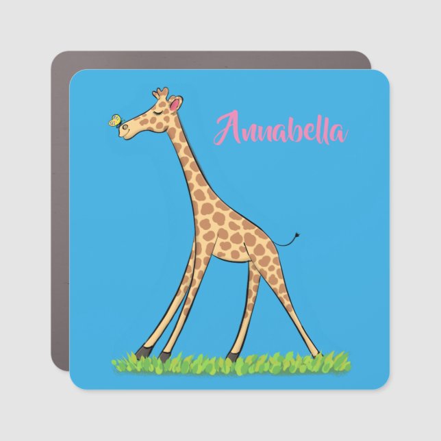 Cute happy giraffe with butterfly cartoon car magnet (Front)