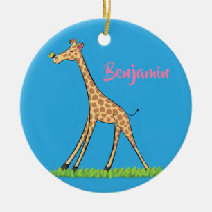 Cute happy giraffe with butterfly cartoon ceramic ornament