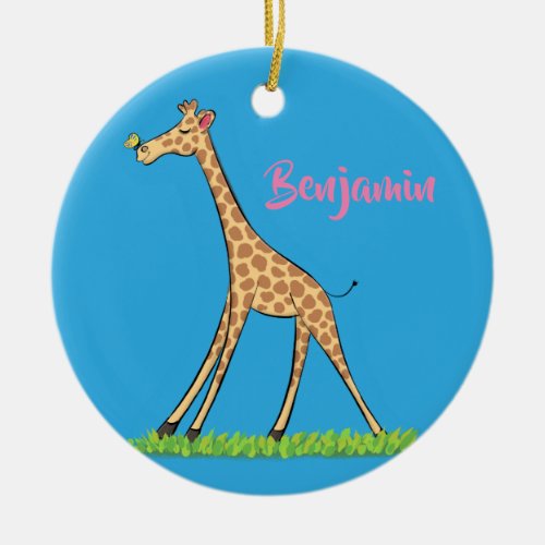 Cute happy giraffe with butterfly cartoon ceramic ornament