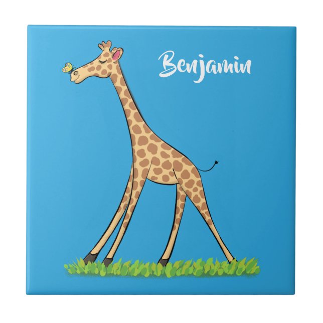 Cute happy giraffe with butterfly cartoon ceramic tile (Front)