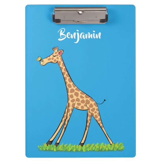 Cute happy giraffe with butterfly cartoon clipboard (Front)