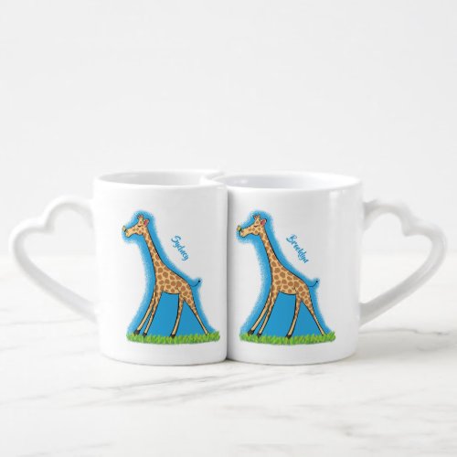 Cute happy giraffe with butterfly cartoon coffee mug set