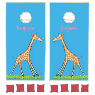 Cute happy giraffe with butterfly cartoon cornhole set