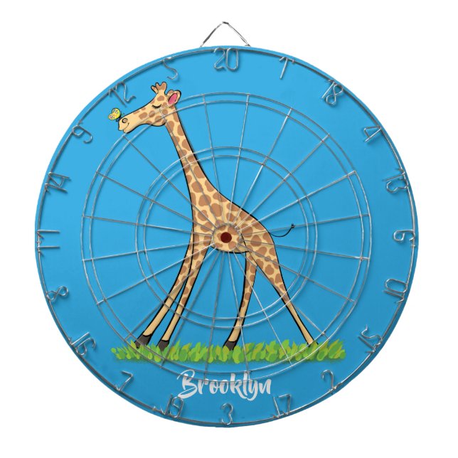 Cute happy giraffe with butterfly cartoon dart board (Front)
