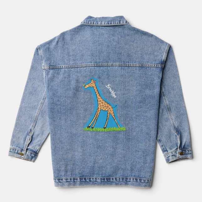 Cute happy giraffe with butterfly cartoon denim jacket (Back)