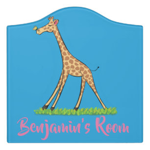 Cute happy giraffe with butterfly cartoon door sign