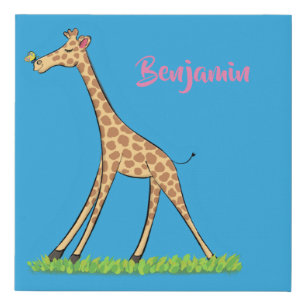 Cute happy giraffe with butterfly cartoon faux canvas print