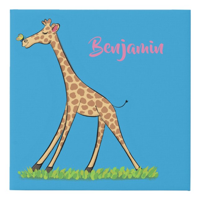 Cute happy giraffe with butterfly cartoon faux canvas print (Front)