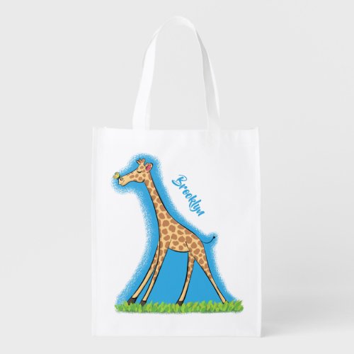 Cute happy giraffe with butterfly cartoon grocery bag