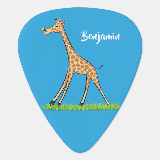 Cute happy giraffe with butterfly cartoon guitar pick (Front)