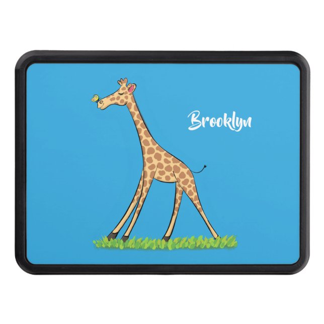 Cute happy giraffe with butterfly cartoon hitch cover (Front)