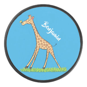 Cute happy giraffe with butterfly cartoon hockey puck