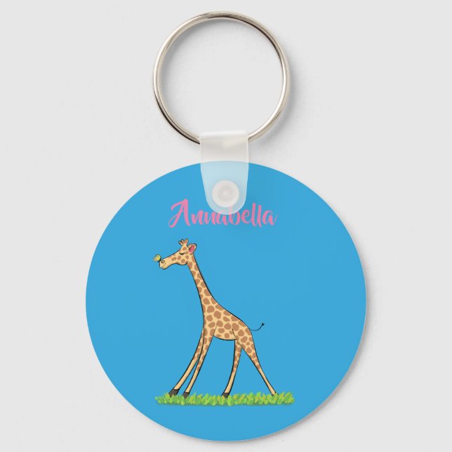 Cute happy giraffe with butterfly cartoon keychain (Front)