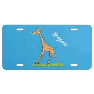 Cute happy giraffe with butterfly cartoon  license plate