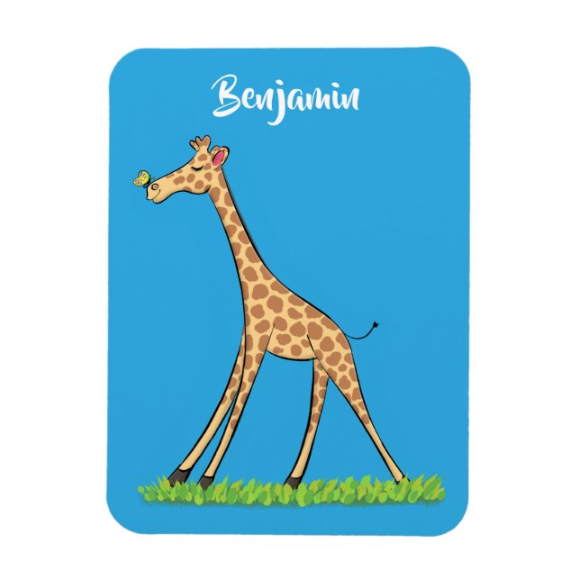 Cute happy giraffe with butterfly cartoon magnet (Vertical)