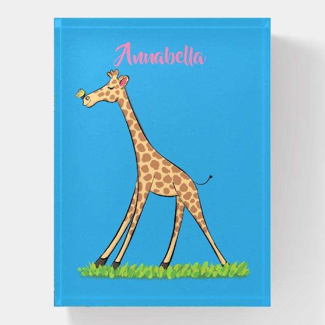 Cute happy giraffe with butterfly cartoon paperweight (Vertical)