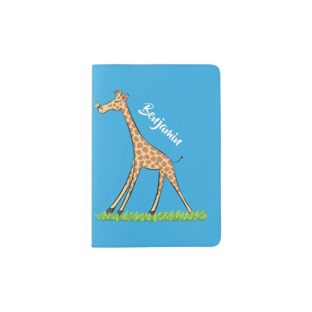 Cute happy giraffe with butterfly cartoon passport holder (Front)