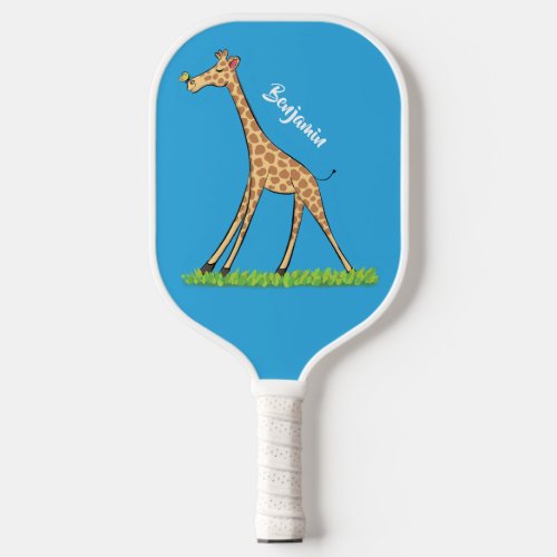 Cute happy giraffe with butterfly cartoon pickleball paddle