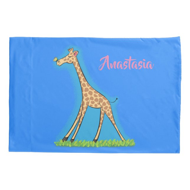Cute happy giraffe with butterfly cartoon pillow case (Back)