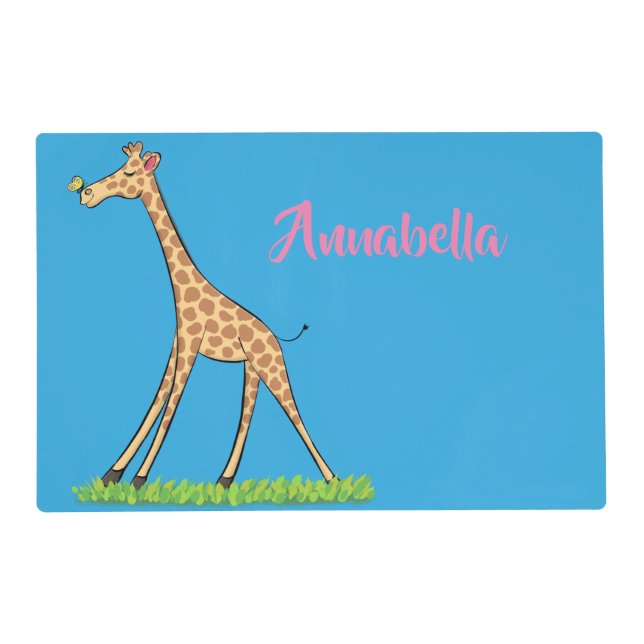 Cute happy giraffe with butterfly cartoon placemat (Front)