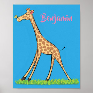 Cute happy giraffe with butterfly cartoon poster