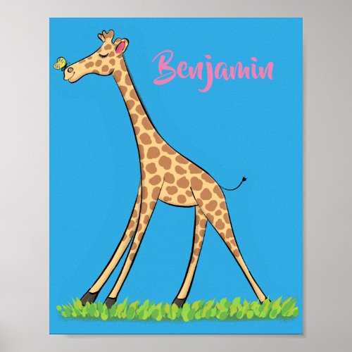 Cute happy giraffe with butterfly cartoon poster