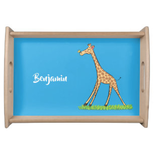 Cute happy giraffe with butterfly cartoon serving tray