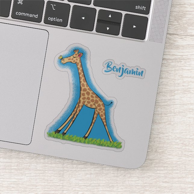 Cute happy giraffe with butterfly cartoon sticker (Detail)