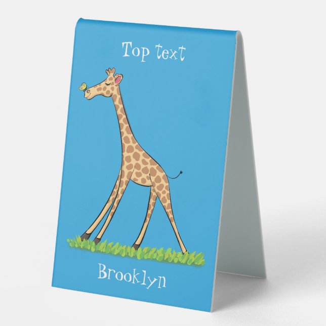 Cute happy giraffe with butterfly cartoon table tent (Front)