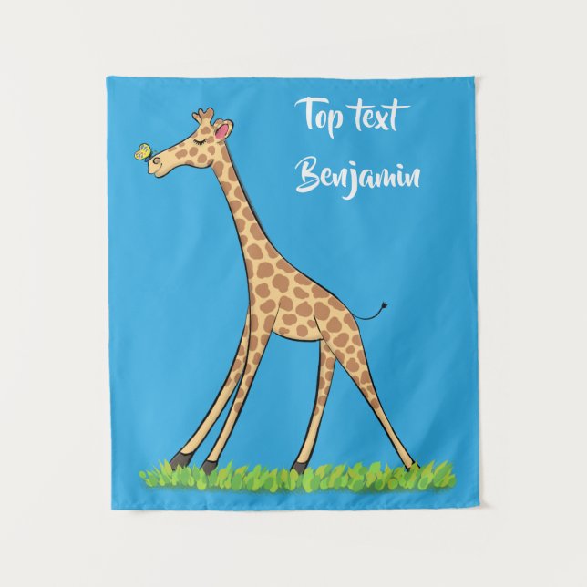Cute happy giraffe with butterfly cartoon tapestry (Front)