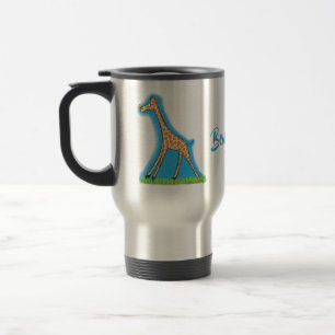 Cute happy giraffe with butterfly cartoon travel mug