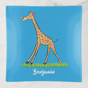 Cute happy giraffe with butterfly cartoon trinket tray