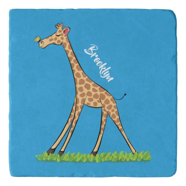 Cute happy giraffe with butterfly cartoon trivet (Front)