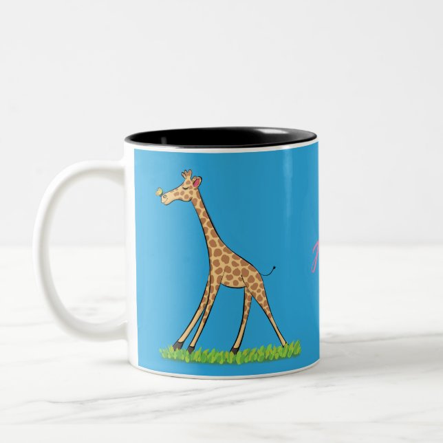 Cute happy giraffe with butterfly cartoon Two-Tone coffee mug (Left)