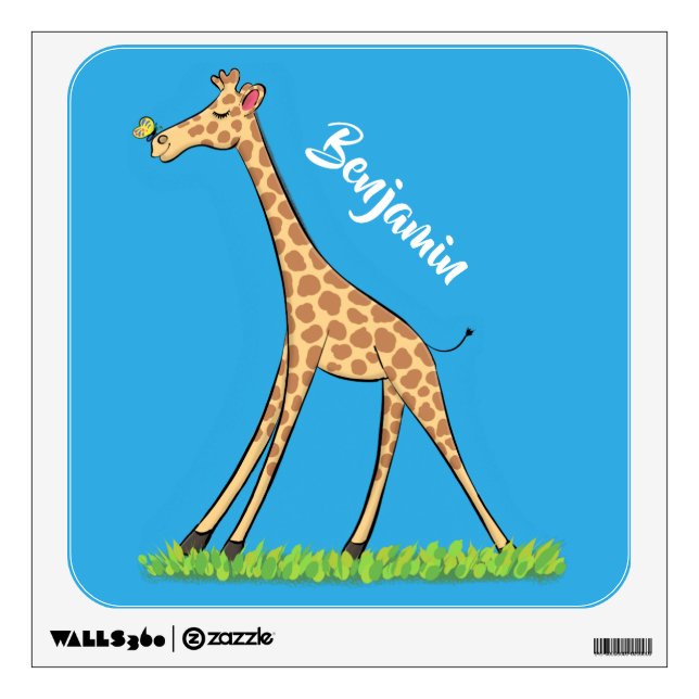 Cute happy giraffe with butterfly cartoon wall decal (Front)