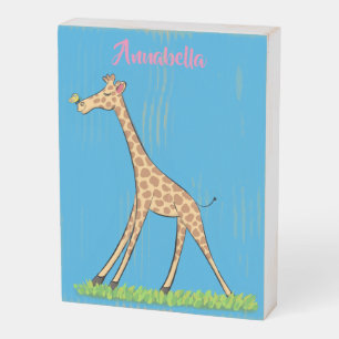 Cute happy giraffe with butterfly cartoon wooden box sign