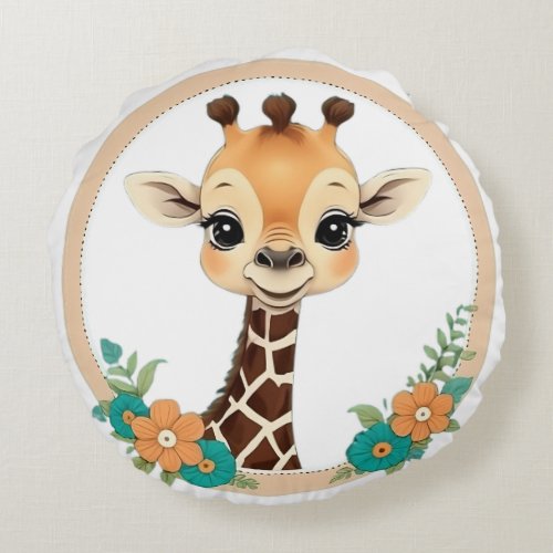 Cute Happy Giraffe with Flowers Pillow