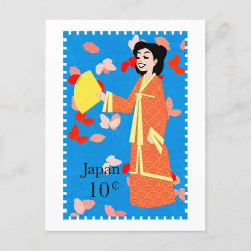 Cute Happy Girl Japan Stamp Art Postcard