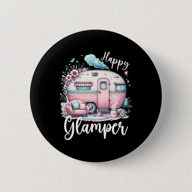 Cute Happy Glamper Caravan Camping Glamping  Button (Front)