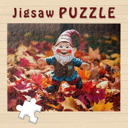 Cute Happy Gnome in fallen Autumn Leaves - Jigsaw Puzzle